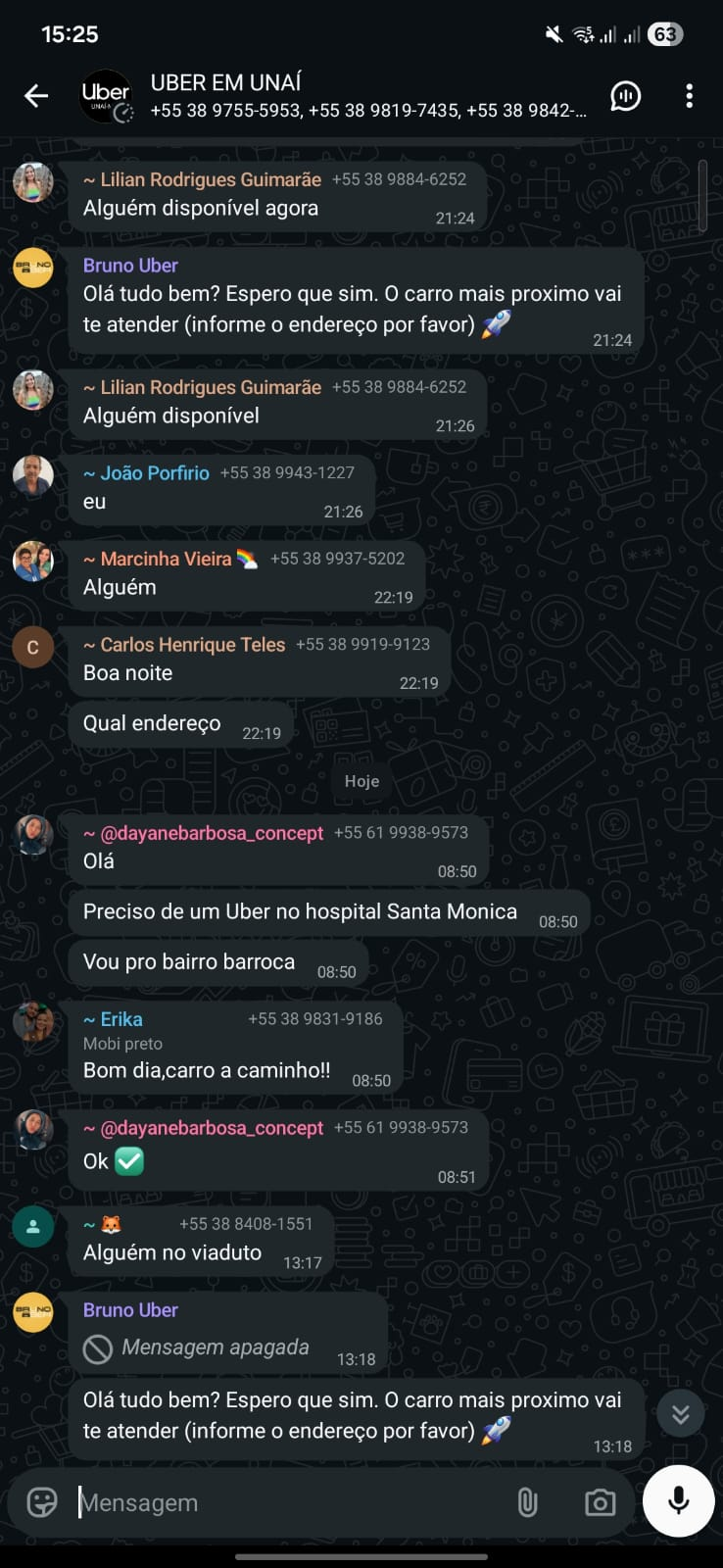Conversa real no grupo Uber em Unaí